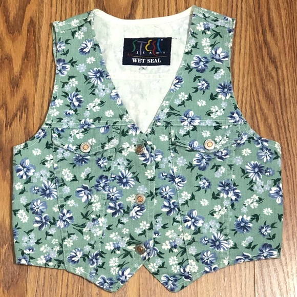 Vintage Wet Seal 90s Denim Vest, Crop, S, STEEL Jeans Floral Cottage - Picture 6 of 8